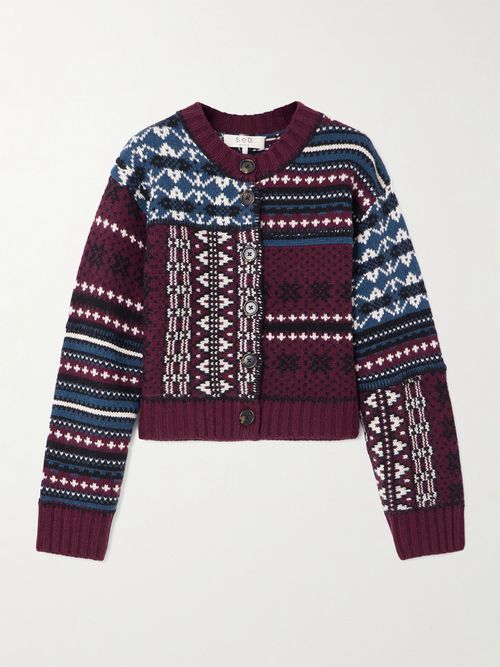 Linea Paneled Fair Isle Merino Wool Cardigan - Burgundy