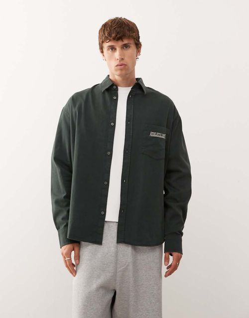 Oversized fit long sleeve shirt with text embroidery in dark green