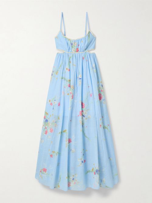 Lucky Picnic Cutout Crocheted Lace-trimmed Printed Cotton-voile Maxi Dress - Blue