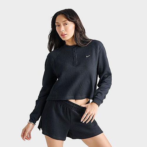 Women's Sportswear Chill Waffle Oversized Long-Sleeve Henley Top in Black/Sail