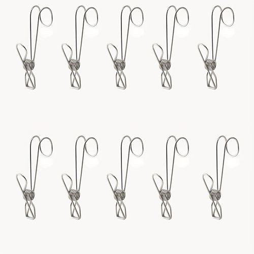 TEMU 10-pack Stainless Steel Long Tail Clips - Hooks For Kitchen & Bathroom Towels, Snack Storage, Hanging Clips, Metal Material, Clothes Pin