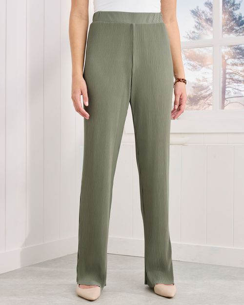 Women's Plisse Jersey Wide Leg Trousers in Green, 100% Polyester