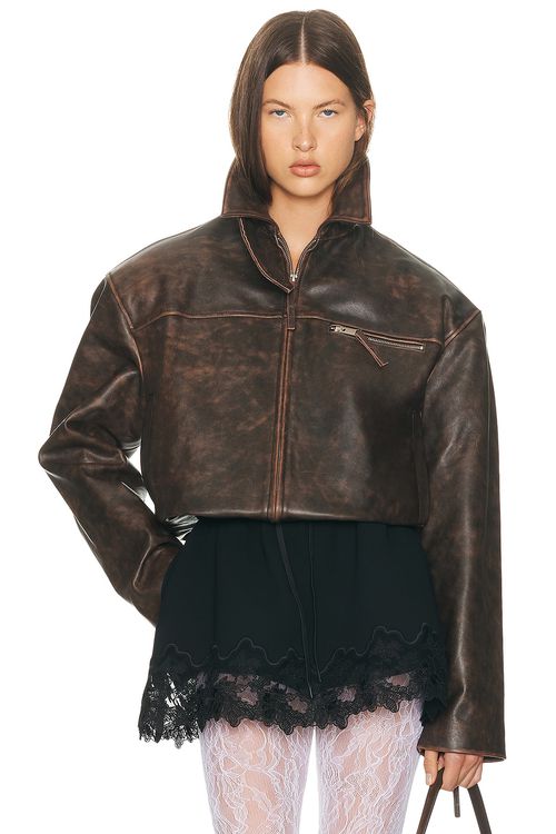 Helsa The Leather Oversized Moto Jacket in Brown Distressed - Brown. M also in XS, XXS, S