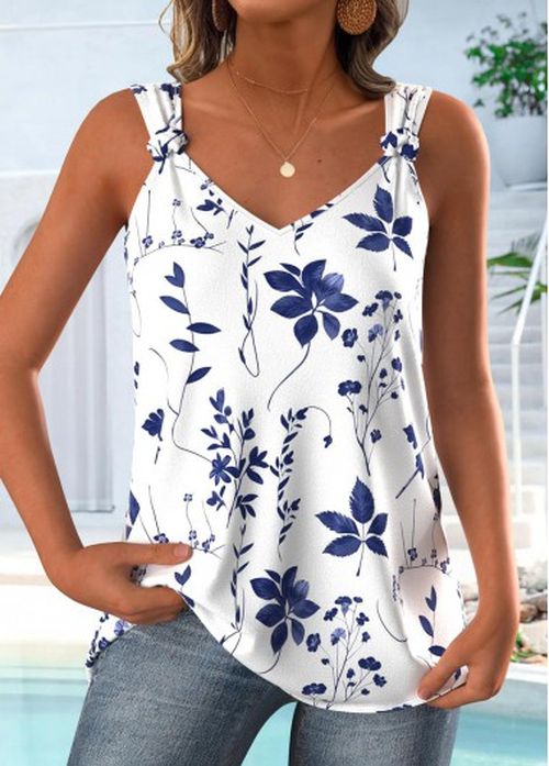 Modlily White Leaf Print Sleeveless V Neck Tank Top
