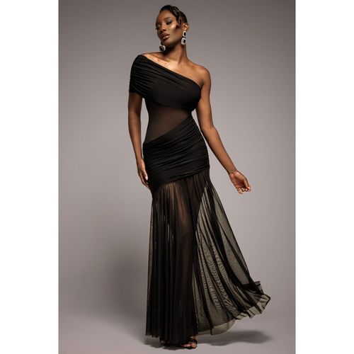 Goddiva Gathered One Shoulder Sheer Panel Maxi Dress - Black