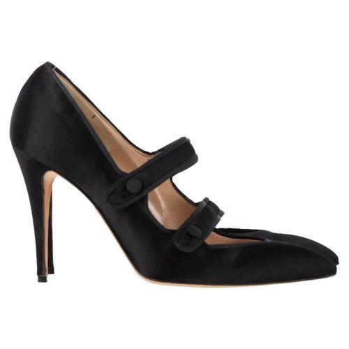Double Strap Mary Jane Pumps in Black Satin