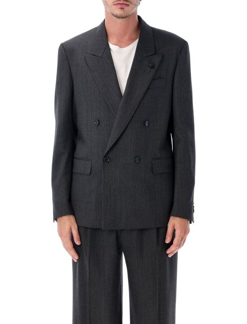Double-Breasted Stretch Wool Jacket with Peak Lapels