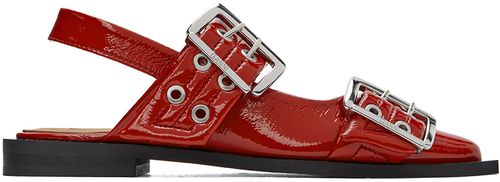 GANNI Red Wide Welt Buckle Ballerina Flats