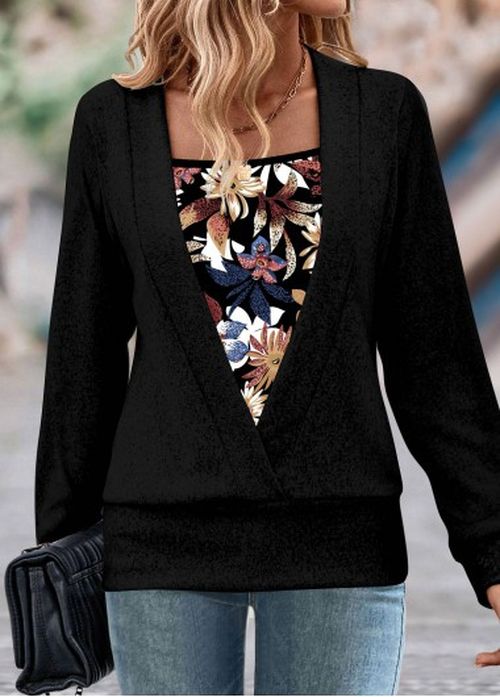 Modlily Black Fake 2in1 Random Floral Print Sweatshirt