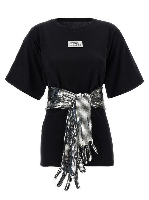Cotton with Sequin Belt Detail T-Shirt — Black