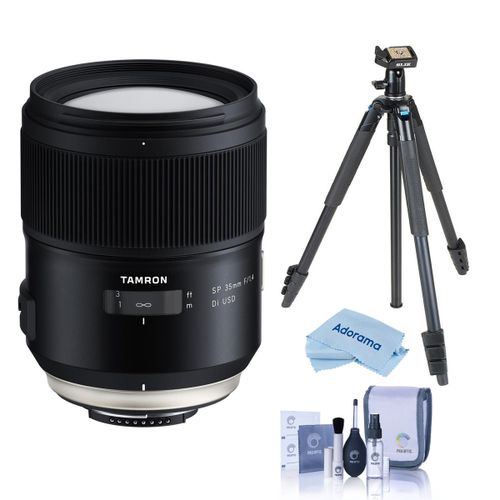 Sp 35mm f/1.4 Di Usd Lens for Nikon F, Bundle with Takama 3-Section Aluminum Video Tripod with Fluid Head, Cleaning Kit, Cleaning Cloth - Black