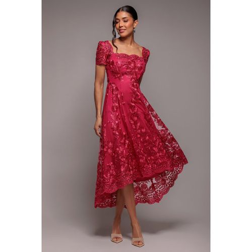 Goddiva Scalloped Neck Embroidered Lace High Low Midi Dress - Magenta