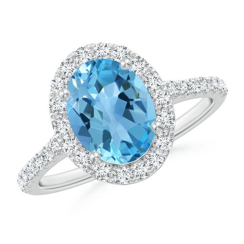 Angara 2.25 Carats Prong-Set Oval Swiss Blue Topaz Halo Ring with Diamonds in Platinum