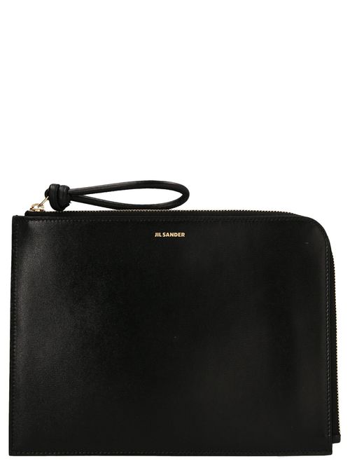 -Logo Leather Clutch Nero-Donna