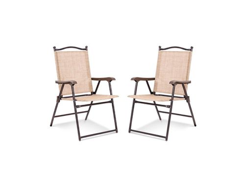Set of 2 Patio Folding Sling Back Camping Deck Chairs - Beige