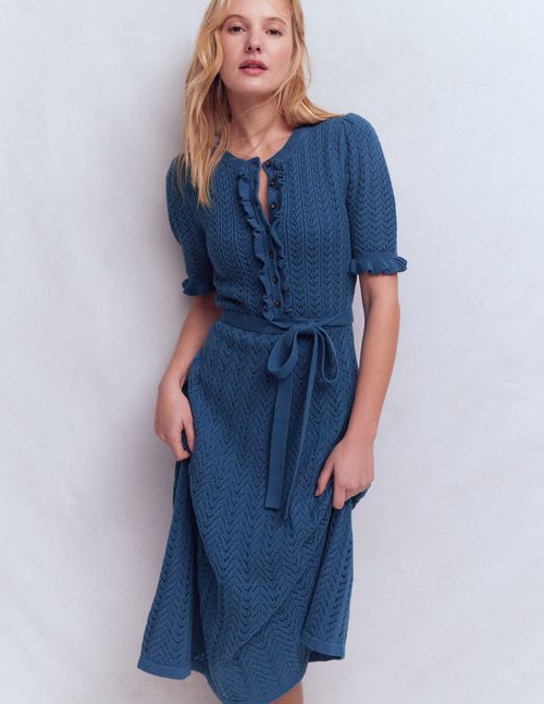 Women's Henley Frill Knitted Dress in Blue | Size 2
