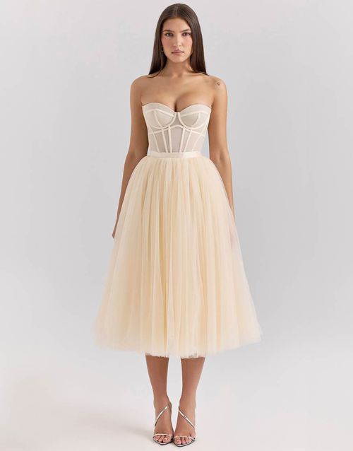 House of CB Darling vintage cream tulle midi dress in vintage cream-Neutral