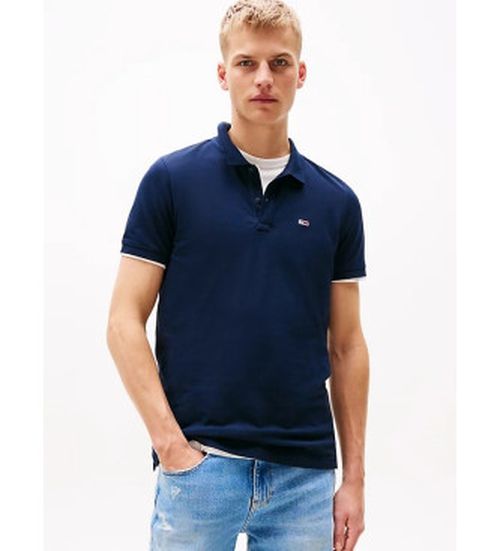 Tommy Jeans for man. DM0DM20676 Slim fit polo shirt with navy logo patch (M), Casual, Cotton, Short sleeve