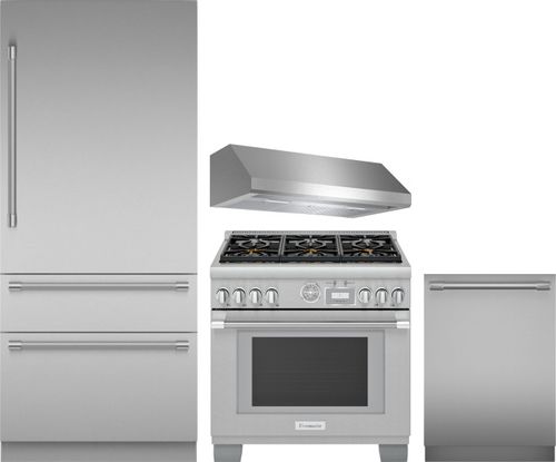 Thermador 4 Piece Kitchen Appliances Package with Bottom Freezer Refrigerator, Gas Range and Dishwasher in Stainless Steel THRERADWRH1347