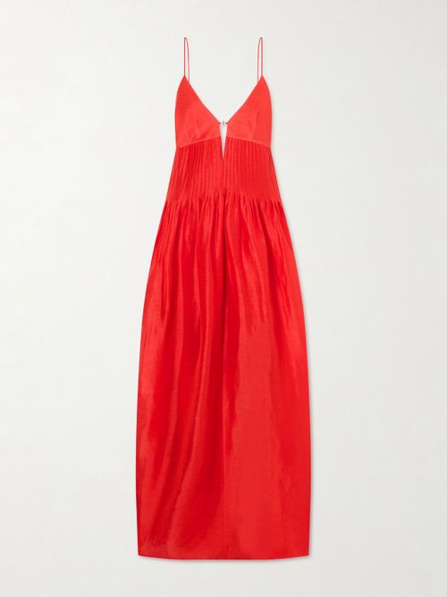 Embellished Pleated Linen And Silk-blend Maxi Dress - Red