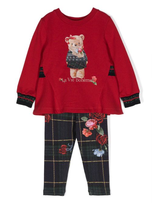 Teddy Bear-print trousers set - Red
