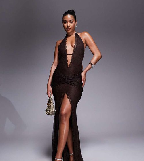 Exclusive lace halterneck deep plunge front slit maxi dress in chocolate-Brown