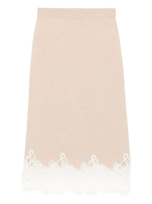 Lace-Trimmed Pencil Skirt — Beige