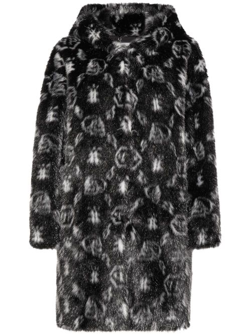 Monogram-print hooded coat - Black