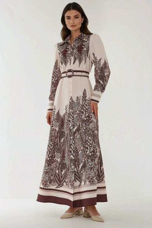 Natural Printed Long Sleeve Maxi Dress With Belt Women