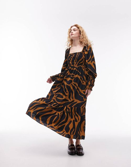 Topshop shirred bust midi dress in natural animal-Multi