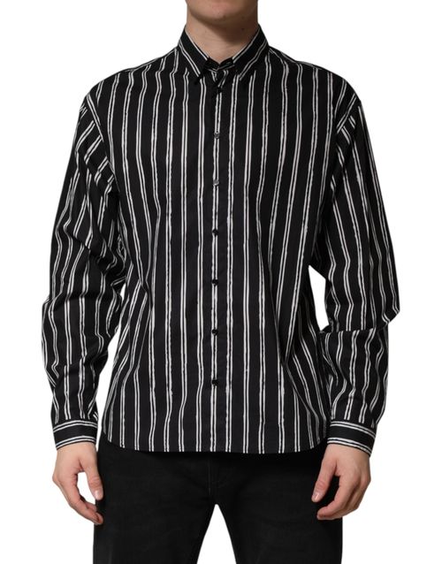 Striped Cotton Button-Down Shirt — Black