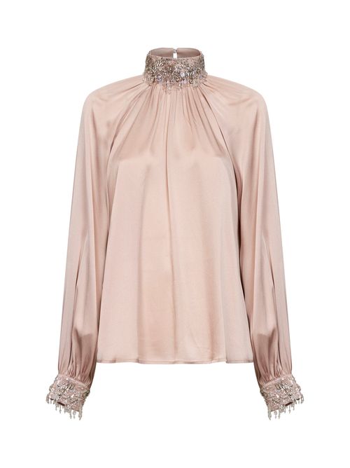 Bead & Sequin-Embellished Satin Blouse — Pink