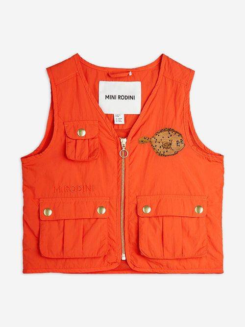 Mini Rodini Kids Flundra Embroidered Utility Vest in Orange 3 - 5 Yrs