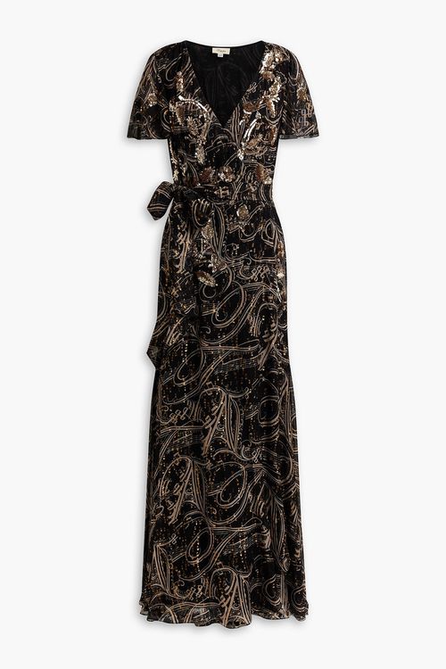 Silvana embellished printed metallic fil coupé silk-chiffon maxi wrap dress - Black - UK 6