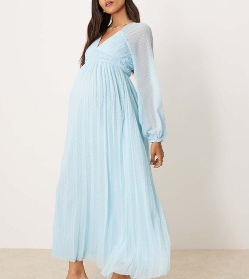 ASOS DESIGN Maternity plunge long sleeve pleated midaxi dress in pastel blue-Multi