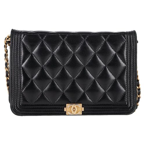Quilted Boy Wallet on Chain in Black Lambskin Leather
