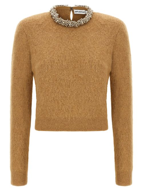 Jewel-Embroidered Crew Neck Sweater — Camel