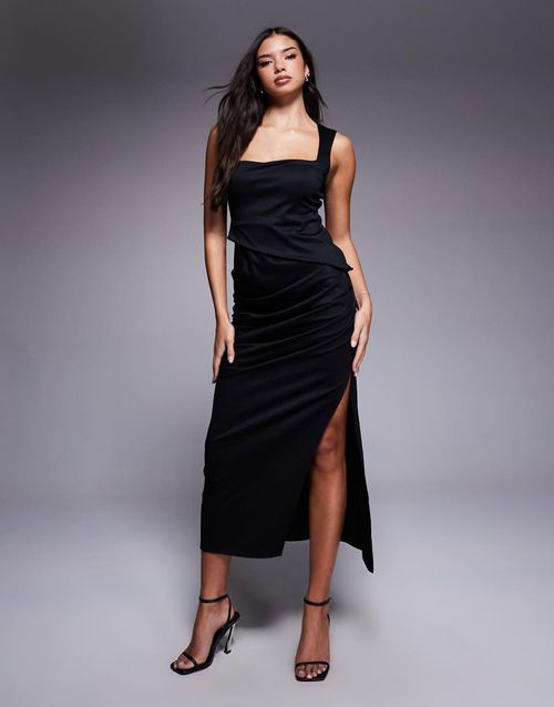 Square neck ponte midi dress in black