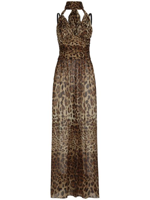 Leopard-print halterneck silk gown - Brown