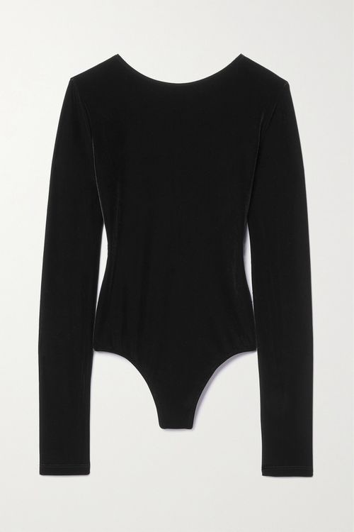 Corrin Open-back Stretch-velvet Bodysuit - Black