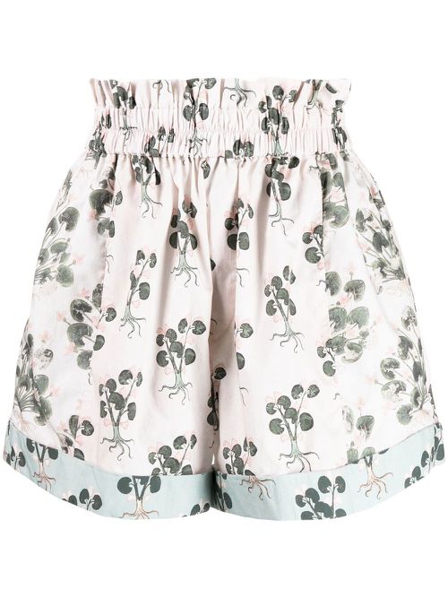 Floral-print smocked-waist shorts - Green