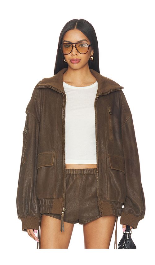SPELL Fontaine Leather Bomber Jacket in Brown. S. Also in XS, M