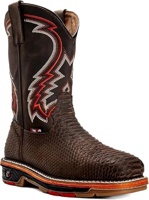 King Welt KW-Venom Exotic Python Print 10" Men's Leather Western Work Boot, Soft Toe, Square Toe Slip resistant (Brown, US Footwear