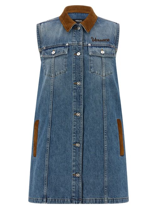 Suede-Trimmed Denim Dress — Blue