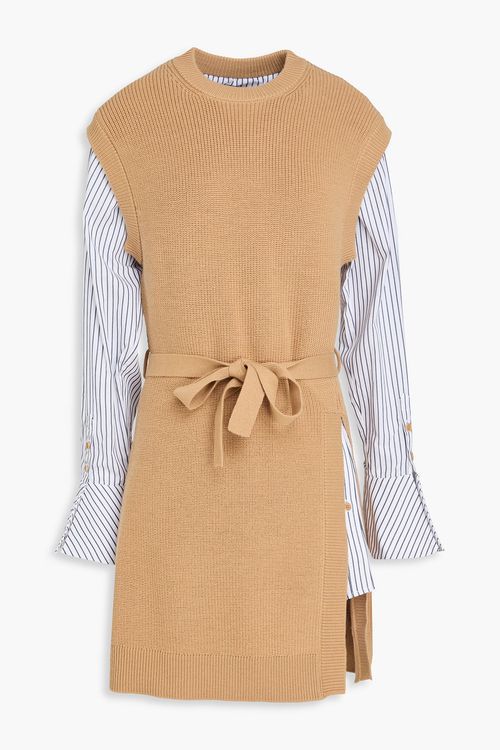 Layered striped poplin and wool-blend mini dress - Brown - S