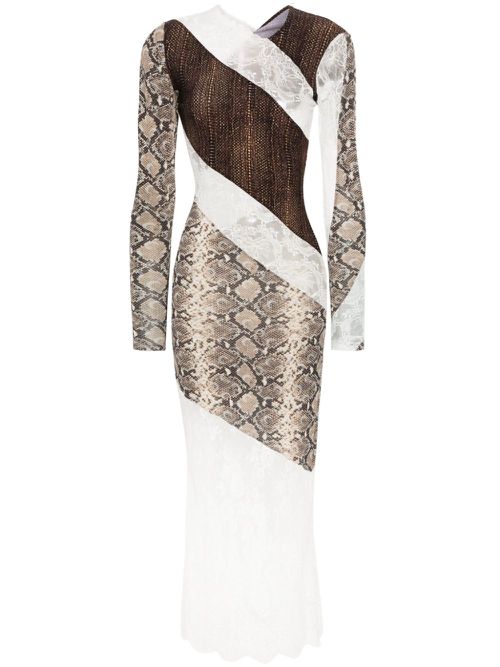 Floral-lace panelled midi dress - Brown
