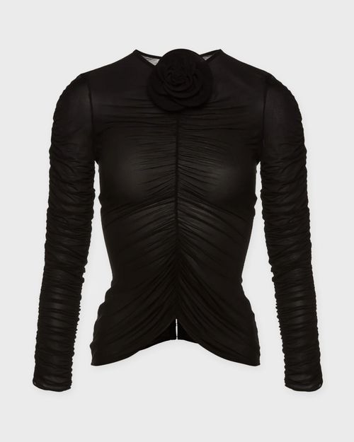Magda Butrym Top Sheer Ruched Rose Appliqué Black EUR