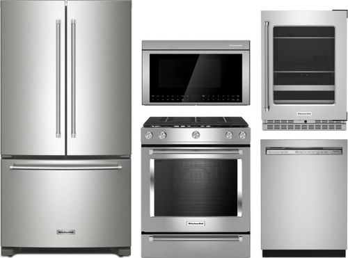 KitchenAid 5 Piece Kitchen Appliances Package with French Door Refrigerator, Gas Range, Over the Range Microwave and Dishwasher KA