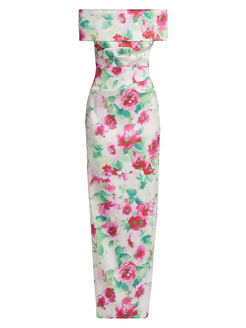 Women's Floral Ruched Off-The-Shoulder Gown - White Multi