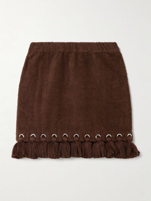 Cap d'Antibes - Tasseled Eyelet-embellished Cotton-terry Mini Skirt - Chocolate